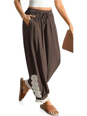 Women's Brown Boho Lace-Trim Elastic Waist Pants